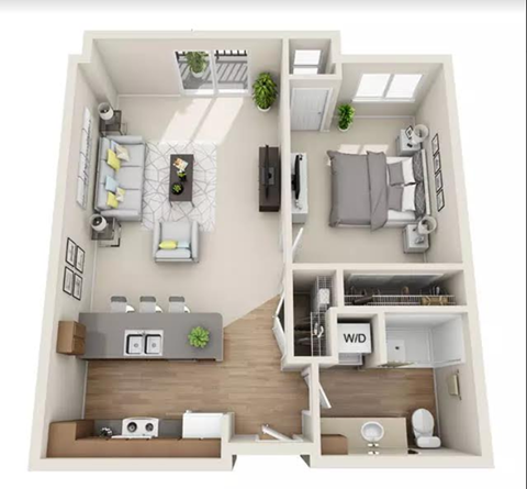Floor plan for 1 bed, 1 bath, 773 sqft
